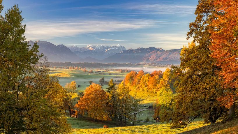 Autumn over Murnauer Moos with view to Zugspitze by Dieter Meyrl
