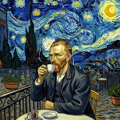 Man drinkt koffie onder een sterrenhemel - Abstract Expressive Art