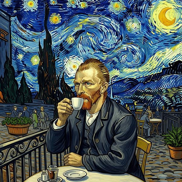 Homme buvant un café sous un ciel étoilé - Art abstrait expressif par Aden Pink Galerry