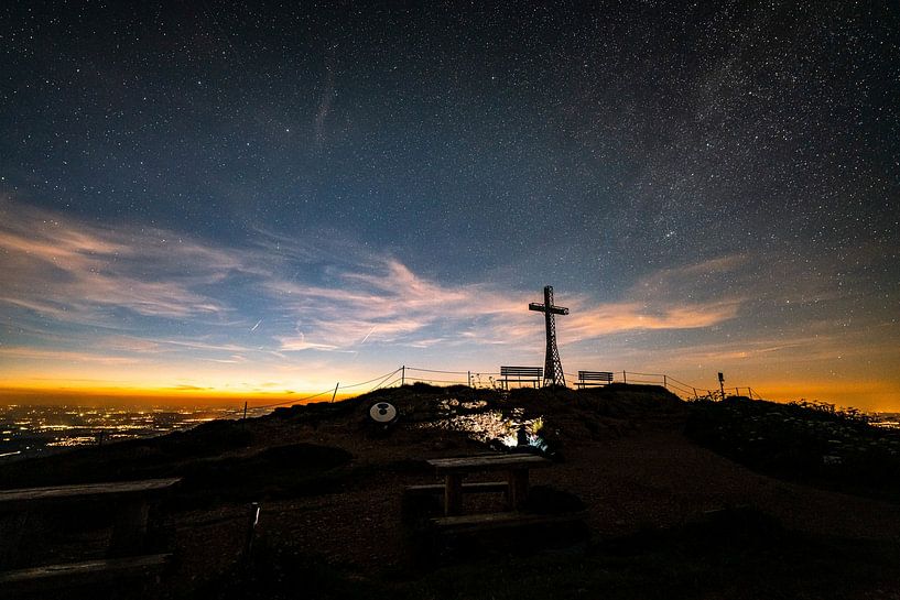 Milky Way and starry sky over the Allgäu Alps on the Hochgrat with Oberstaufen and the allgäu in the by Leo Schindzielorz