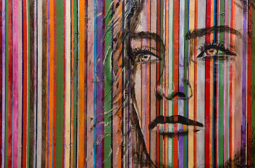Portrait d'une femme avec des rayures dans des couleurs chaudes par Anja Namink - Peintures