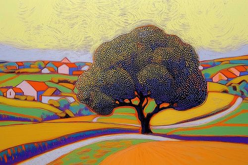 Kleurrijke boom in pointillistische stijl