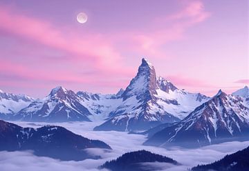 Montagnes enneigées avec brouillard et ciel rose sur Markus Gann