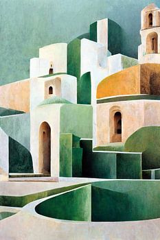 Spanische weiße Stadt, Pueblos Blancos, Alhambra, Geometrie, weiße Gebäude, minimalistisch, Malerei