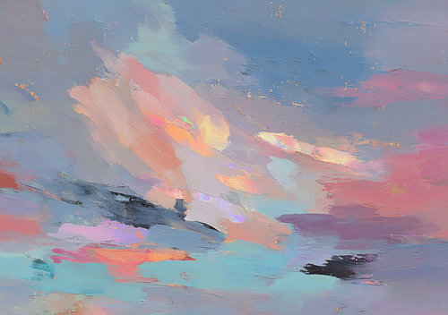 An abstract cloudscape in pastel pink and blue with gold accents