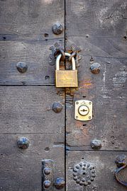 Rustic wooden door with padlock by Wil Wijnen