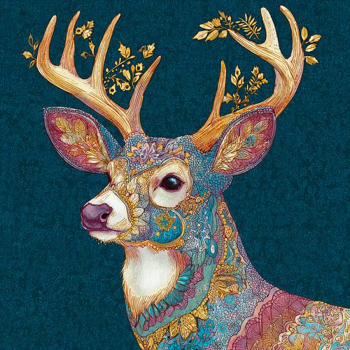 Deer in Floral Mosaic Colourful Animal Portrait with Patterns