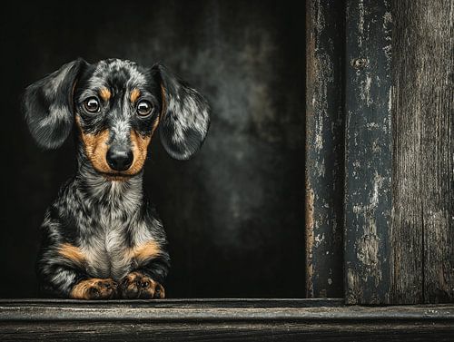 The Merle Dachshund in the Old Window Frame