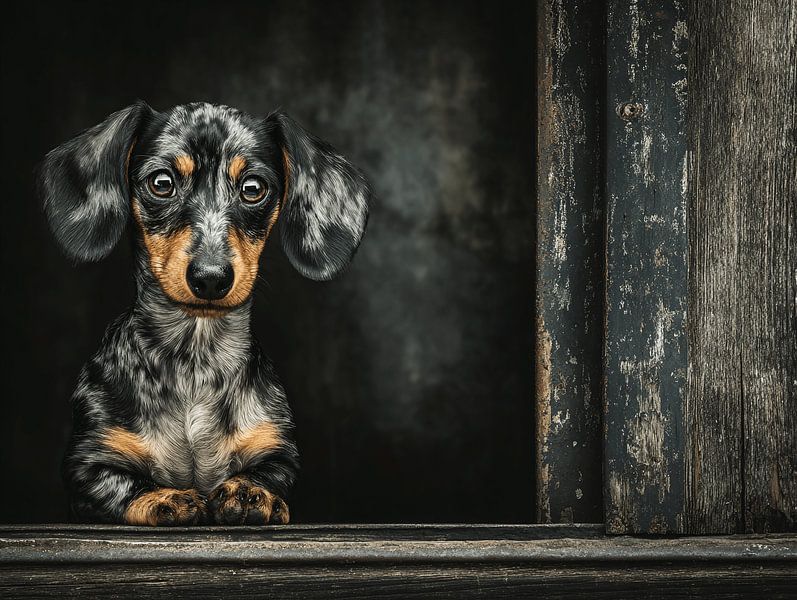 Le Teckel de Merle dans le vieux cadre de la fenêtre par Karina Brouwer
