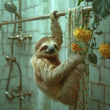 Sloth hangs on shower rail in cosy bathroom by Felix Brönnimann