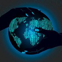 Hands holding binary code globe