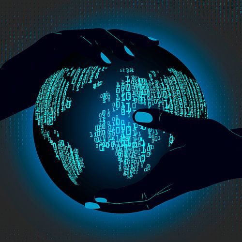Hands holding binary code globe