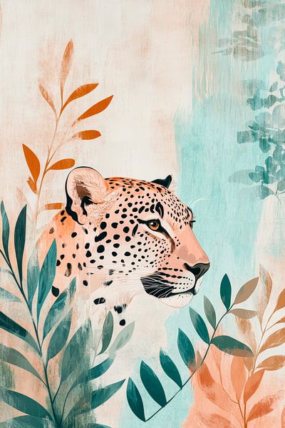 Leopard im Blätterrahmen – Farbenfroh von Poster Art Shop