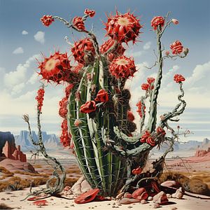 Blühender Kaktus rote Blüten surreale Wüste Sand Landschaft