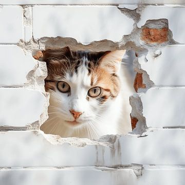 Peekaboo - Neugierige Katze schaut durch ein Loch in der Wand von Karina Brouwer