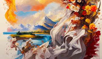 Digitaal schilderij van een uitzicht op een meer en bergen met kleuren en contrasten van A.D. Digital ART