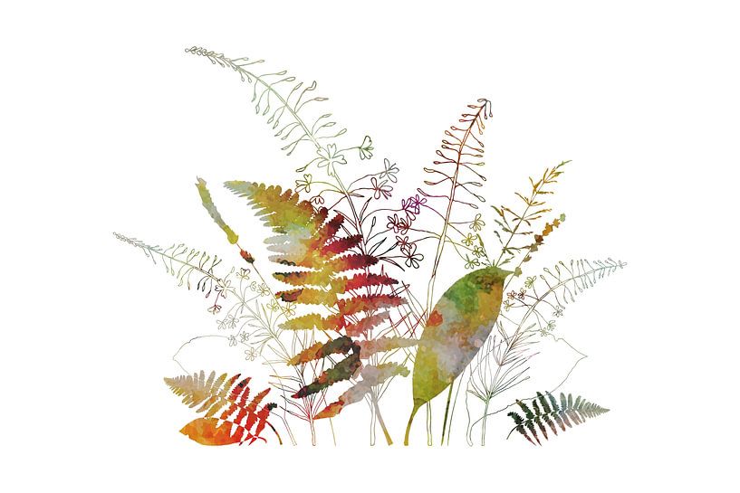 Feuilles de fougère, épilobe, bouquet forestier de lavande - illustration botanique aux couleurs rét par Dina Dankers