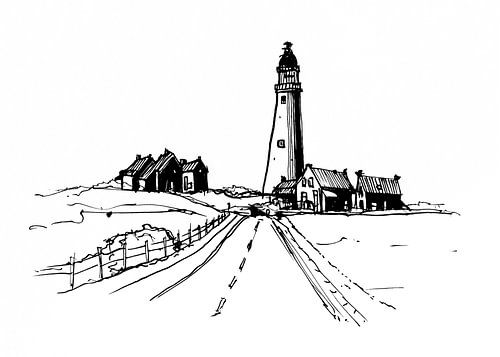 Texel | Eierland Lighthouse | Hand-drawn ink line drawing by WatercolorWall