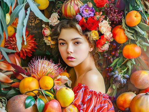 Vrouw met een schaal met gemengd fruit en bloemen