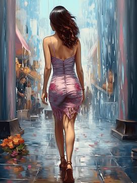 Sexy Frau im Kleid von hinten im Regen, Acryl von ColorWorldwide