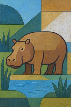 Eine geometrische Illustration eines Nilpferdes. von Galerie Hoppenbrouwers