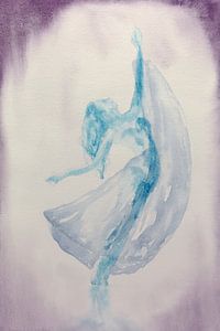 De moderne dans (aquarel schilderij klassiek ballet danseres blauw paars jurk zweven dansen vrouw) van Natalie Bruns
