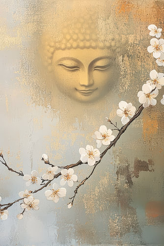 Modern Japandi Buddha portrait with blossom