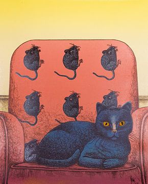 Katze auf Stuhl mit Mäusen drucken von Helmut Böhm