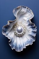 Oyster with large and small pearls on dark blue
