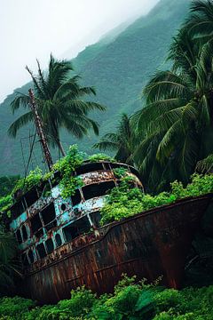 Bouwvallig schip in de jungle - groene sfeer van Poster Art Shop