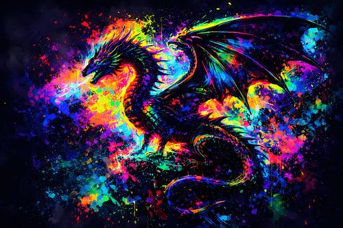 Majestueuze neon-draak in splash-art-stijl – Abstracte fantasiewandafbeelding met een stralende kleurexplosie