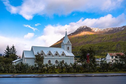 Seydisfjardarkirkja Blue Church in Seydisfjordur in Iceland
