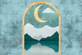 Paysage de montagne avec lune et reflet de l'eau sur Poster Art Shop