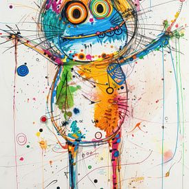 Fröhliche Katze mit offenen Armen - Lebendiges Kunstwerk von Peter Pen Zeichnungen und Gemälde