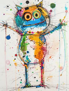 Vrolijke Kat met Open Armen - Levendig Kunstwerk van Peter Pen tekeningen en schilderijen