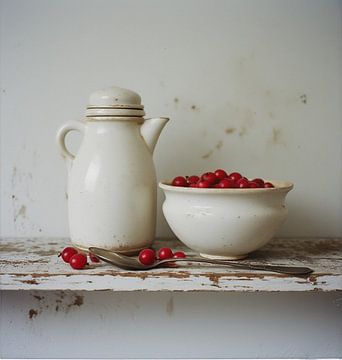 A still life of a milk jug with white pottery bowl filled with red berries on wooden board.
