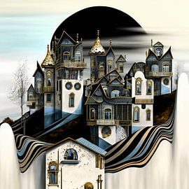 Miniature town plates porcelain houses trees art deco surreal