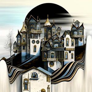 Miniaturstadt Teller Porzellan Häuser Bäume Art Deco surreal