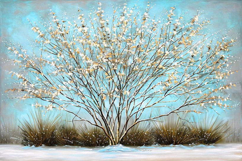 Graceful tree with snow against blue sky by Art & Soul Creations