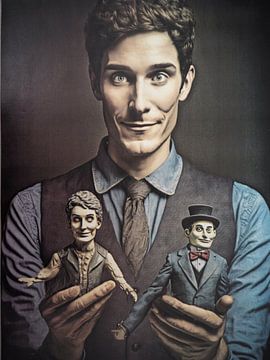 De poppenspeler surrealistisch portret twee identieke poppen van gm_designs