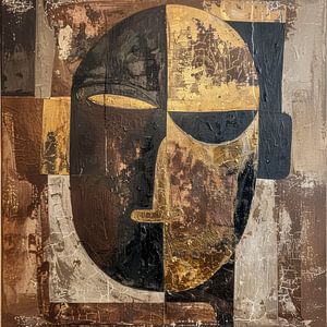 Abstract Tribal Mask in Aardse Tinten met Goud