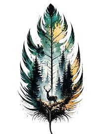 Wald, Federn, Rehe, Aquarell, Naturkunst
