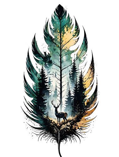 Bos, veren, herten, aquarel, natuurkunst