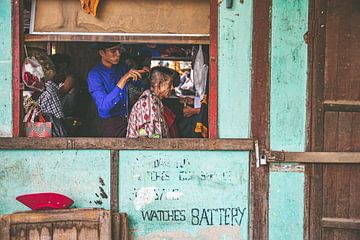 Hairdresser in Yangon, Myanmar by Mark Thurman