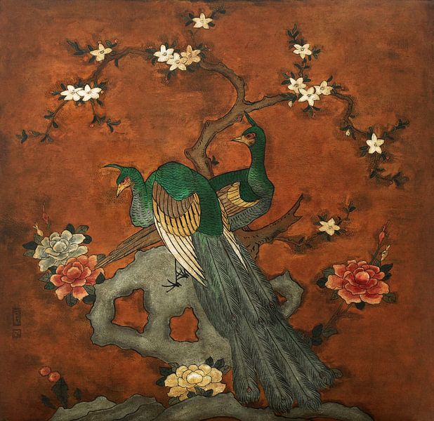 Chinesische Szene mit Pfauen auf Leder gemalt von Liesbeth Govers voor omdewest.com