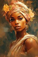 African woman in earth tones and pastel colours
