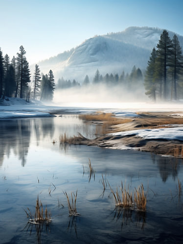 Fog at the mountain lake