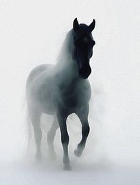Mysterious Black Horse Emerging from Mist – Surreal Fantasy Artwork by Ramy Salah Hefny