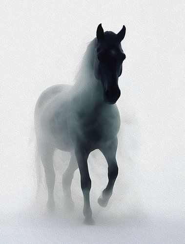 Mysterieus zwart paard in de mist - surrealistisch fantasy kunstwerk