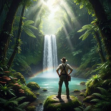 Man observeert waterval in tropisch bos